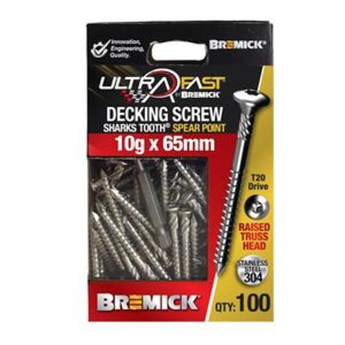 UltraFast Decking Screw T304 Spear Point Raised Truss Head 10G 65mm T20 100 Pack