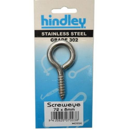 Screw Eye 72 x 8mm Stainless Steel Carded 0SSE - Hindley