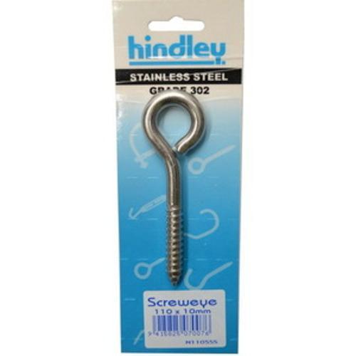 Screw Eye 110 x 10mm Stainless Steel Carded 1105SS - Hindley