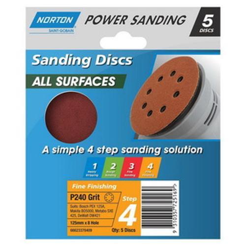125mm x 8H P240 Speedgrip All Surface Sanding Disc 5 pack - NORTON