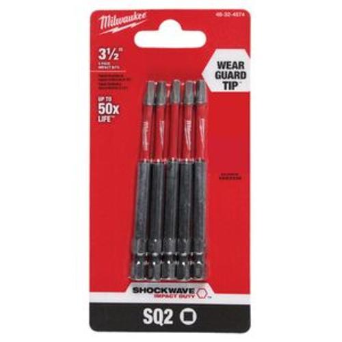 Shockwave Power Bit Square Recess No.2 - Milwaukee 89mm (3 1/2 Inch) 5 Pack