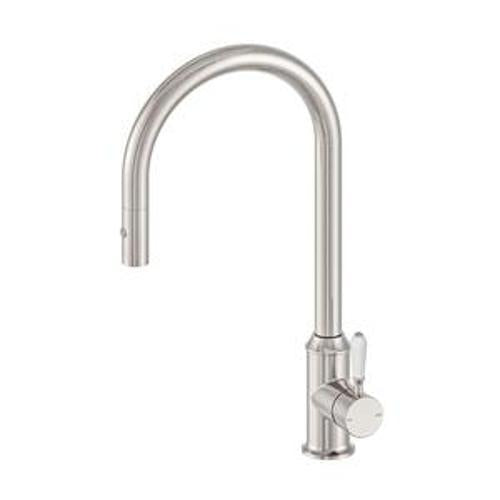 York Pull Out Sink Mixer Brushed Nickel With White Porcelain Lever With Vegie