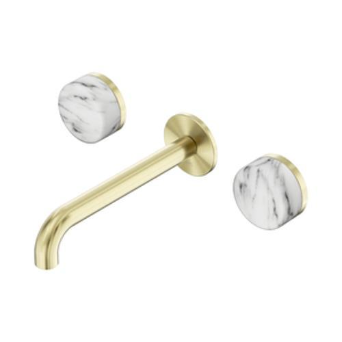 Serenity Wall Basin Set 185mm Spout With Arabescato Corchia Handle Brushed Gold