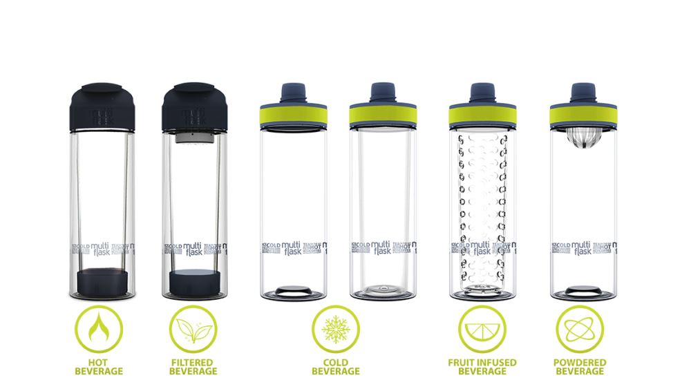 Multi Flask 6 Ways: versatile hydration system with glass and tritan, customizable for various drinks, gym-friendly design.