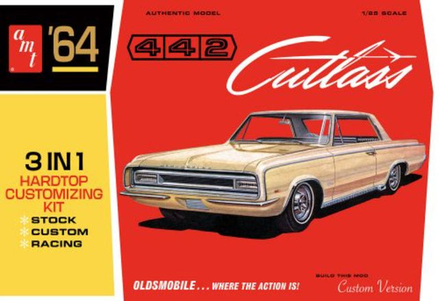 1/25 scale model kit of a 1964 Oldsmobile Cutlass 442, featuring 3 build options and over 110 detailed parts.