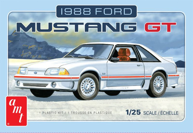 Unassembled 1/25 scale plastic model kit of the 1988 Mustang by AMT, perfect for car enthusiasts and hobbyists.