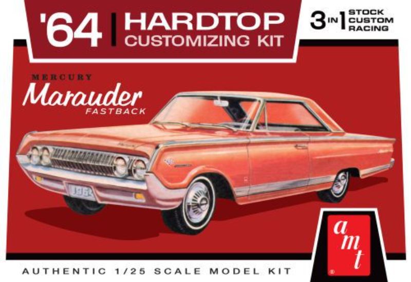 1/25 scale plastic model kit of a '64 Mercury Marauder, featuring customizable parts and vintage-style packaging.