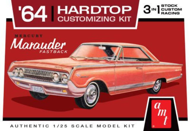 1/25 scale plastic model kit of a '64 Mercury Marauder, featuring customizable parts and vintage-style packaging.