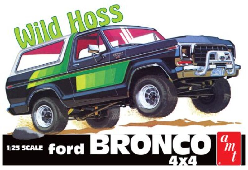 1/25 scale model kit of a 1978 Ford Bronco Wild Hoss with detailed interior, removable top, and multiple wheel options.