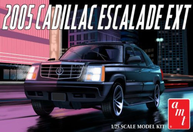 1/25 scale model kit of a 2005 Cadillac Escalade EXT featuring detailed chassis and a 295 HP V8 engine.