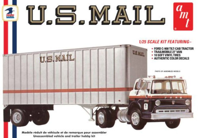 Detailed 1/25 scale model kit of the Ford C600 US Mail Truck & Trailer, featuring over 350 parts and customizable decals.