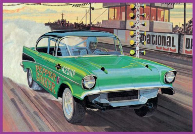 1/25 scale model kit of '57 Chevy Bel Air with multiple customization options and detailed parts for classic car enthusiasts.