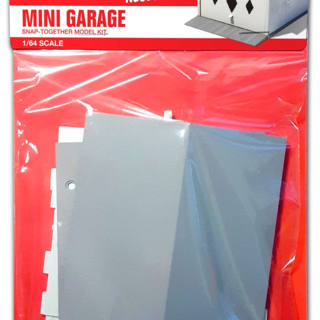Detailed 1/64 scale plastic mini garage model kit with realistic textures and snap assembly for easy construction.