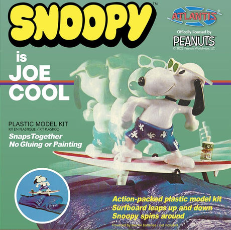Motorized model kit of Snoopy as Joe Cool, featuring snap assembly and exciting surfing action with 360-degree spins.