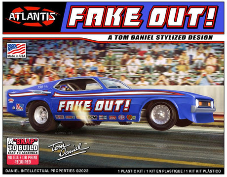 1/32 scale model kit of a funny car with detailed interior, blown hemi engine, and colorful decals designed by Kelly Daniel.