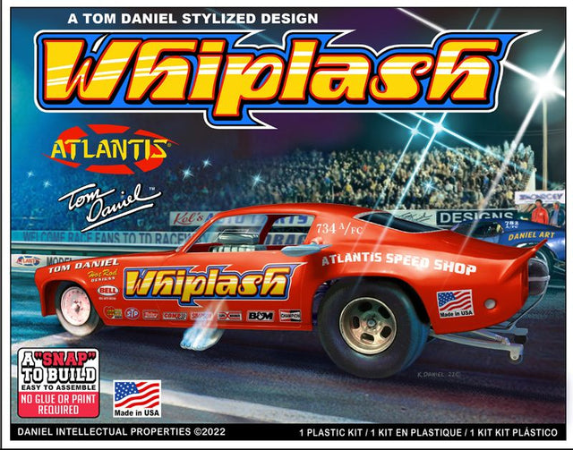 1/32 scale Whiplash' Camaro Funny Car model kit featuring vibrant colors and detailed design by Tom Daniel for collectors and hobbyists.