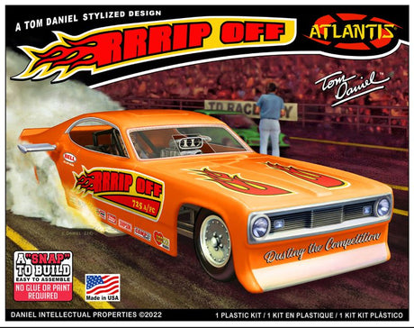 1/32 scale model of the 'RRRRip Off' Funny Car by Tom Daniel featuring a detailed interior and eye-catching colors.