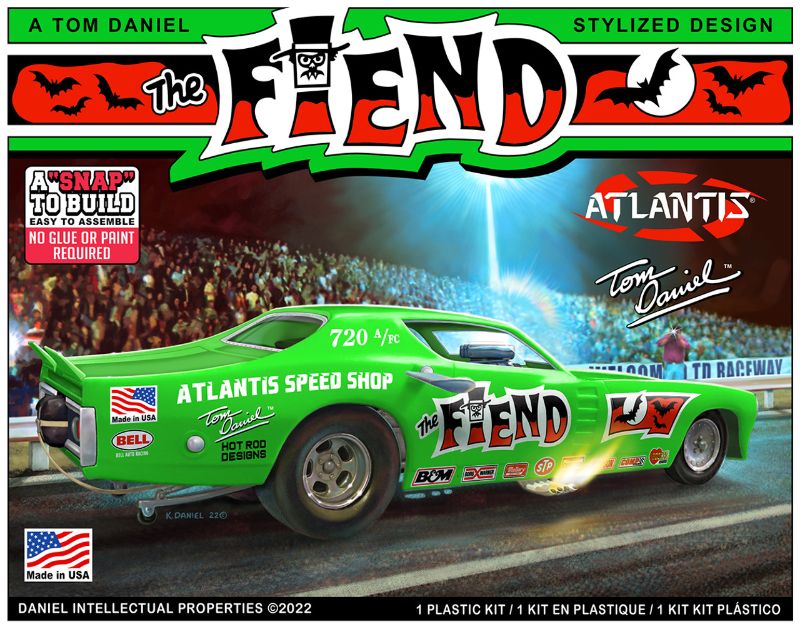 1/32 scale 'Fiend' Funny Car model kit with detailed interior and blown hemi engine, designed by Tom Daniel.