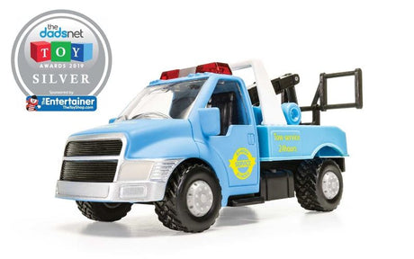 Diecast Tow Truck featuring a durable design, articulating towing arm, perfect for imaginative indoor and outdoor play.