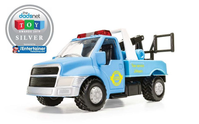 Diecast Tow Truck featuring a durable design, articulating towing arm, perfect for imaginative indoor and outdoor play.