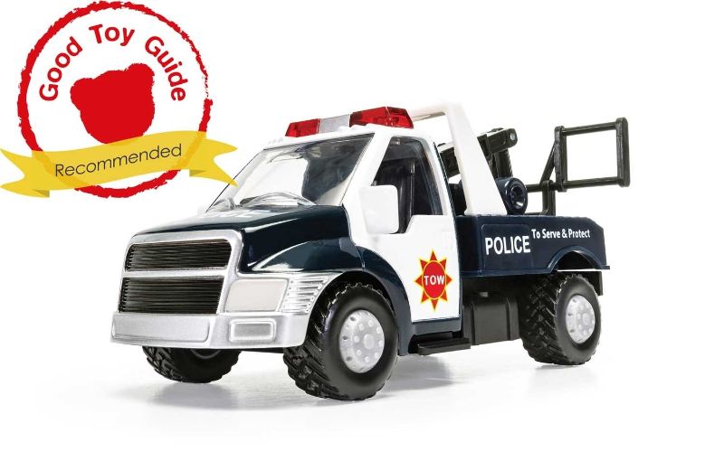 Diecast Police Tow Truck by Corgi, featuring a functional towing arm and durable design for imaginative play.