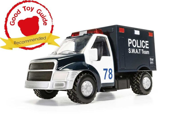 Diecast Police S.W.A.T Truck, detailed model for play and collection, made of durable die-cast metal and plastic.