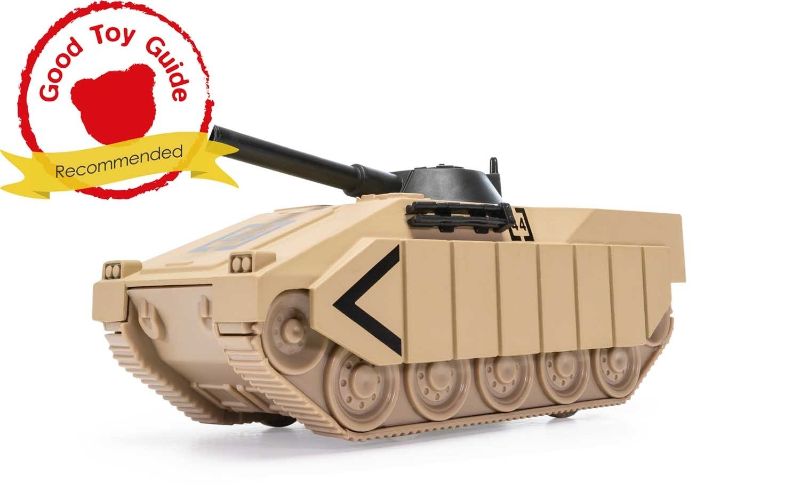 Militaristic diecast UK armoured car with turret and gun, perfect for play or display, crafted by Corgi.