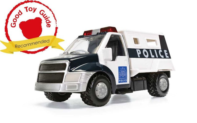 Diecast model of Police DHN Armoured Truck in vibrant colors, featuring realistic detailing for imaginative play.