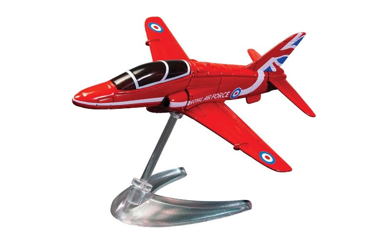 Detailed diecast model of RAF Red Arrows Hawk, showcasing vibrant colors and precision design for collectors and aviation fans.