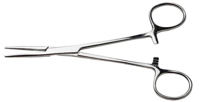 Stainless steel 5.5-inch curved nose hemostat with three locking positions for precise grasping and crafting needs.