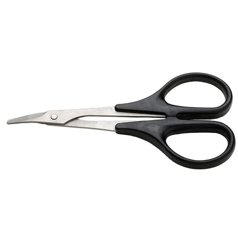 Curved stainless steel scissors with ergonomic grip for precise cutting of polycarbonate and lightweight materials.