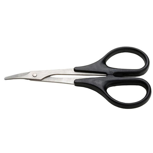 Curved stainless steel scissors with ergonomic grip for precise cutting of polycarbonate and lightweight materials.