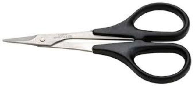 Hobby Tool Straight Scissors for precise cuts in polycarbonate and lightweight materials, featuring ergonomic soft grip handles.