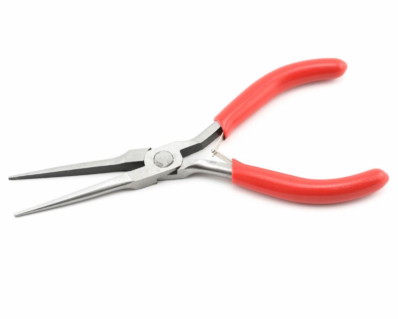 6-inch long needle nose pliers with soft grip handles, ideal for precision work in electronics and jewelry making.