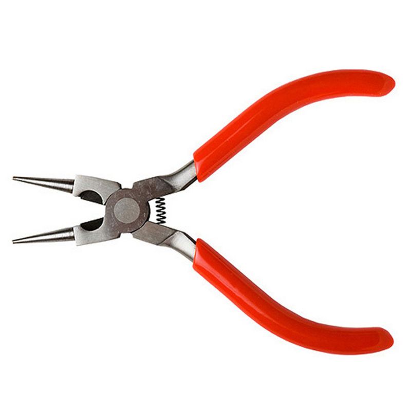 Durable carbon steel round nose pliers with side cutter, ergonomic grip, ideal for jewelry making and electronics repair.