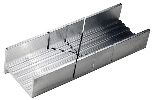 Aluminium mitre box designed for precision cuts at 45 and 90 degrees, ideal for hobbyists and woodworkers.