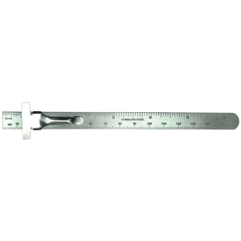 6-inch stainless steel ruler with dual-sided measurements in inches and millimeters, includes pocket clip and depth gauge.