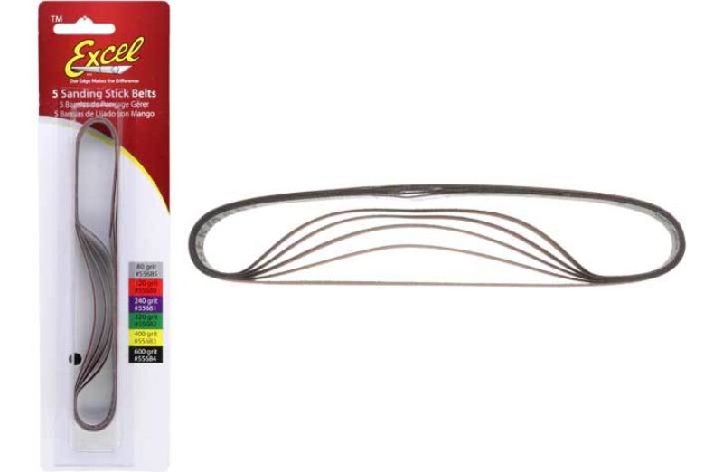 Five assorted sanding belts for woodworking, featuring grits #80 to #600 for versatile sanding and finishing tasks.