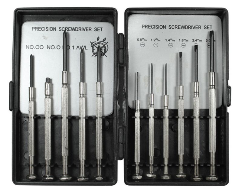11-piece mini tool set featuring 9 screwdrivers, needle point tool, and magnet in a portable, rust-proof container.