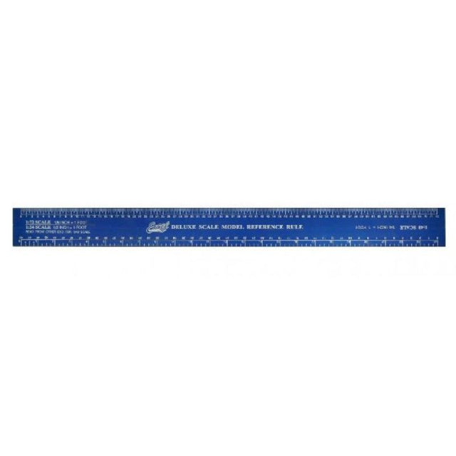 12-inch deluxe scale model ruler in blue anodized aluminum, featuring multiple scales for precise measuring in various crafts.