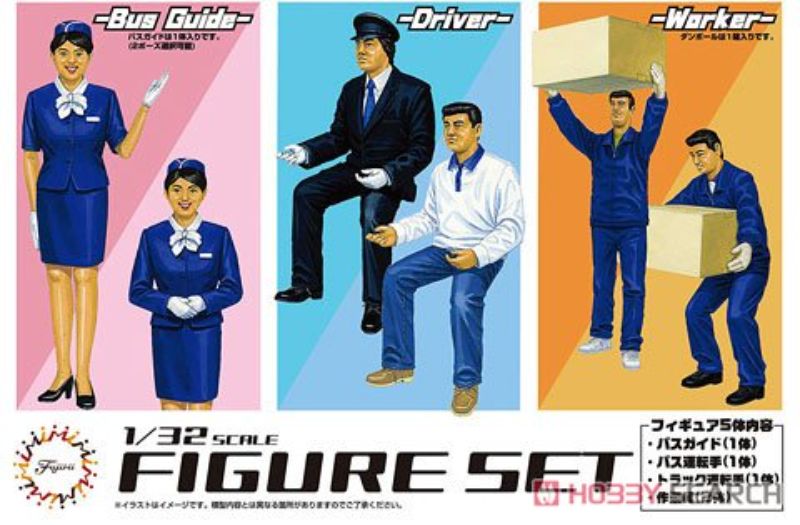 Fujimi 1/32 plastic kit set of a bus and truck driver, requires glue and paint for assembly.