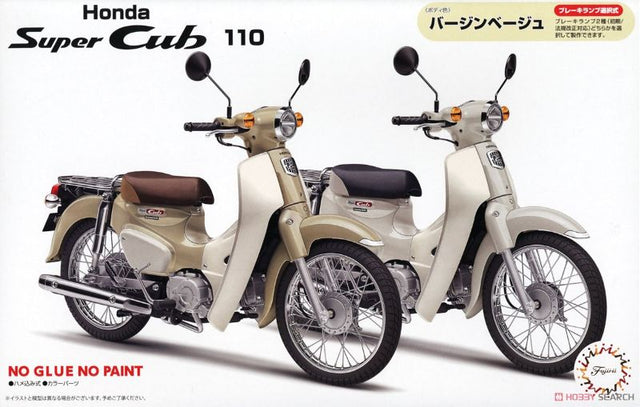 1/12 scale unassembled Honda Super Cub 110 model kit in beige, ideal for model-building enthusiasts aged 10 and up.