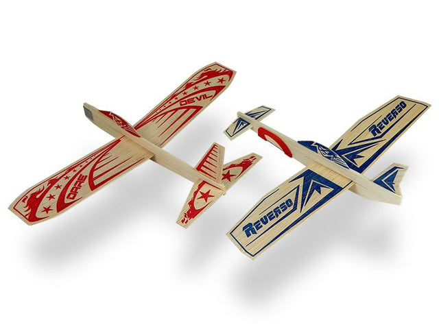 Two vibrant balsa wood superhero planes designed for outdoor play and creativity, perfect for kids aged 5 and up.