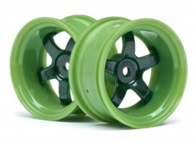 High-impact nylon 1/10 scale green wheels for RC cars, featuring 9mm offset and two-tone finish, ideal for racing.
