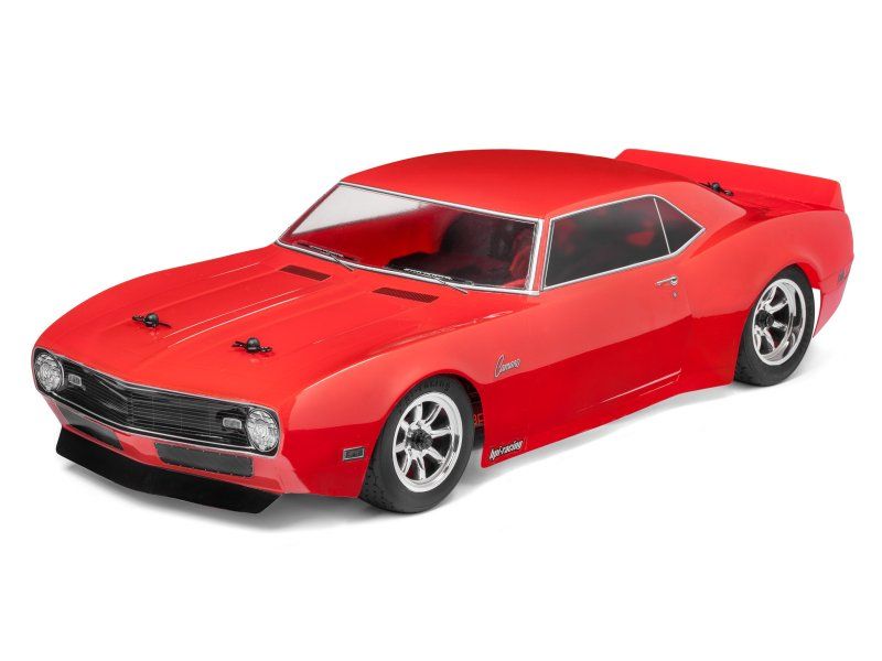 1/10 scale replica of a 1968 Chevrolet Camaro with detailed decals and classic muscle car design for R/C racing.