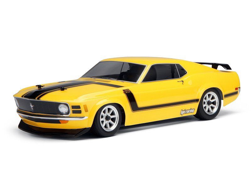 1/10 scale '70 Mustang Boss 302 RC body for 200mm touring cars, detailed with decals and dimple marks for easy setup.