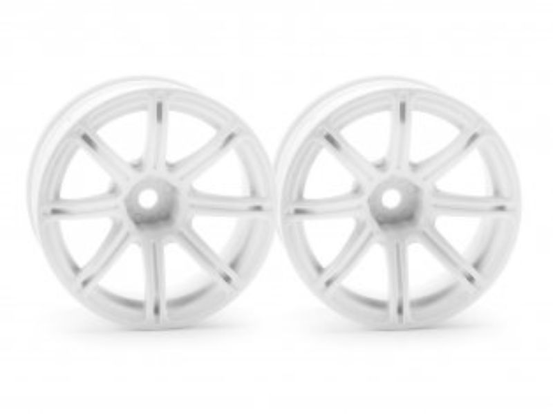 1/10 scale white 26mm touring car tyres mounted on WORK EMOTION XC8 wheels, ideal for racing and street performance.