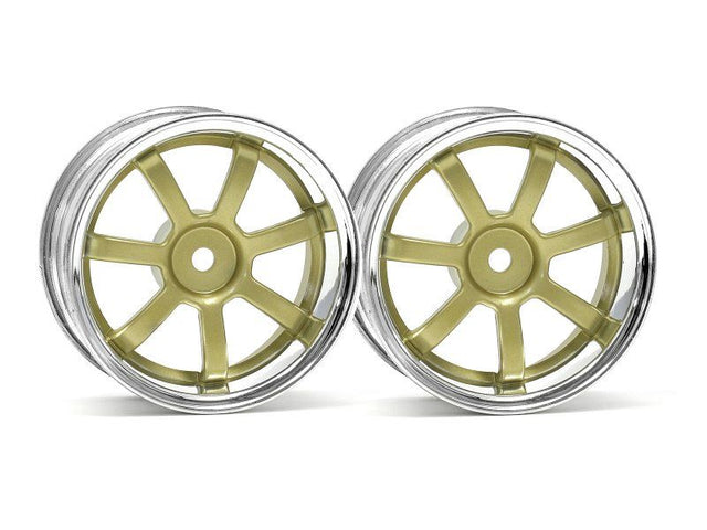 RAYS 26mm Ch/Gld wheels for 1/10 RC cars, offering improved grip and handling with a stylish 3mm offset design.