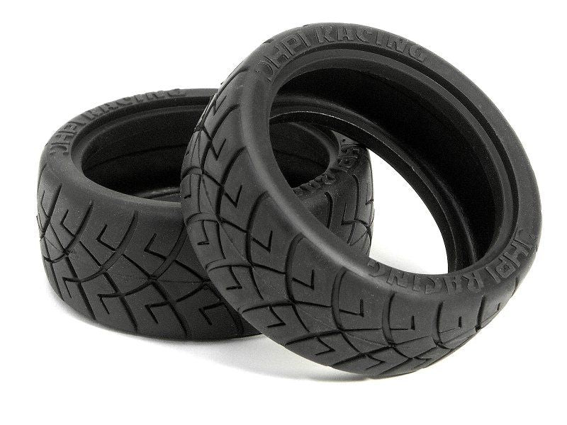 X-pattern 26mm radio control tyres for on-road cars, featuring durable D Compound for grip and longevity.
