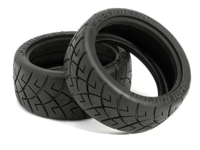 X-pattern 26mm radio control tyres for on-road cars, featuring durable D Compound for grip and longevity.